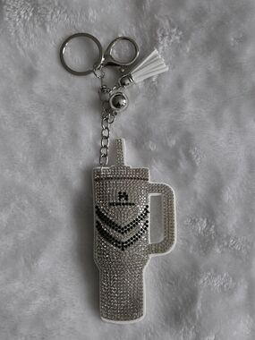 Rhinestone Stanley Cup Keychain - Silver & White Bag Charm